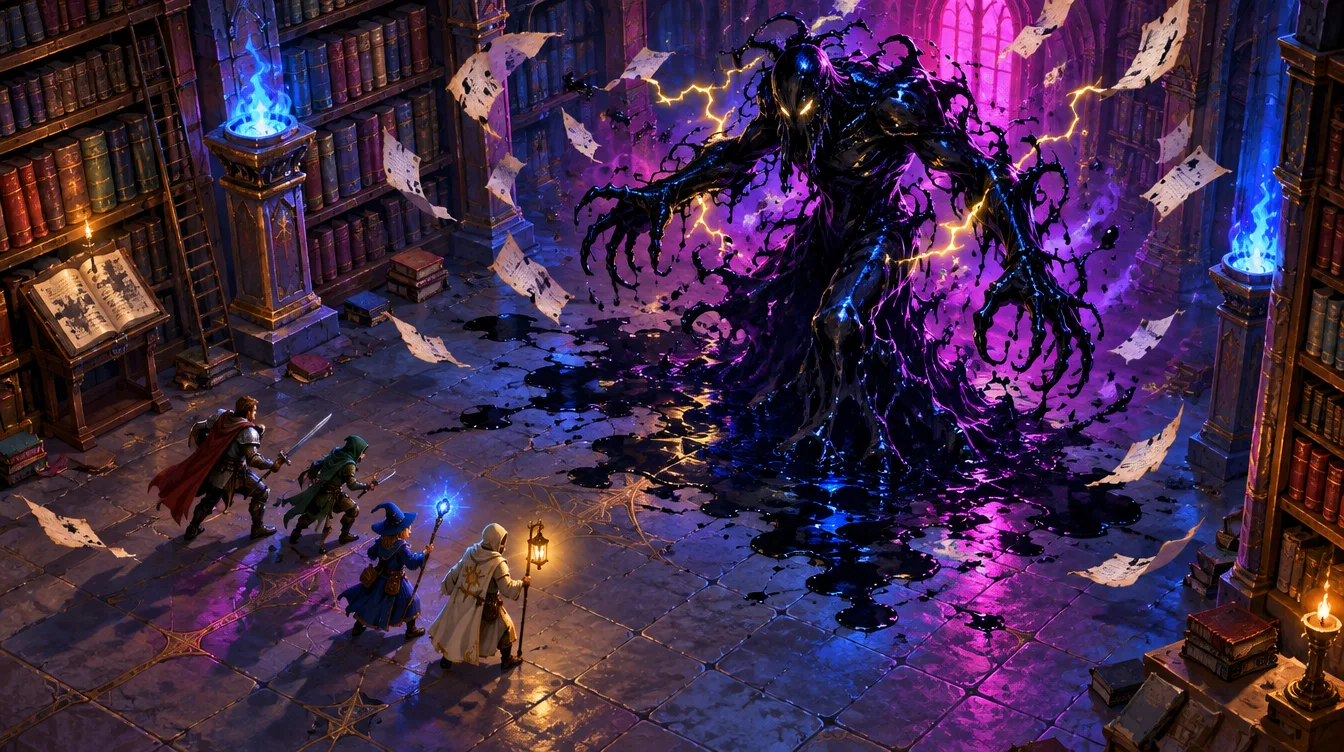 Tangkapan isometrik: empat petualang di aula buku menghadapi Ink Ghoul yang dikelilingi halaman beterbangan.
